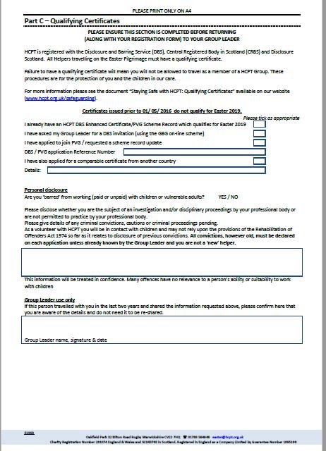 1. Introduction A Safer Recruitment Form must be completed by all new helpers and autonomous adults travelling on an Easter or Summer pilgrimage in 2019.