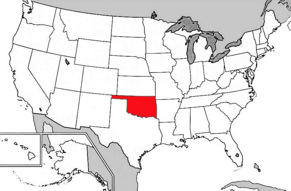 Oklahoma Find Oklahoma on this map of the current United States. Oklahoma is now colored red.