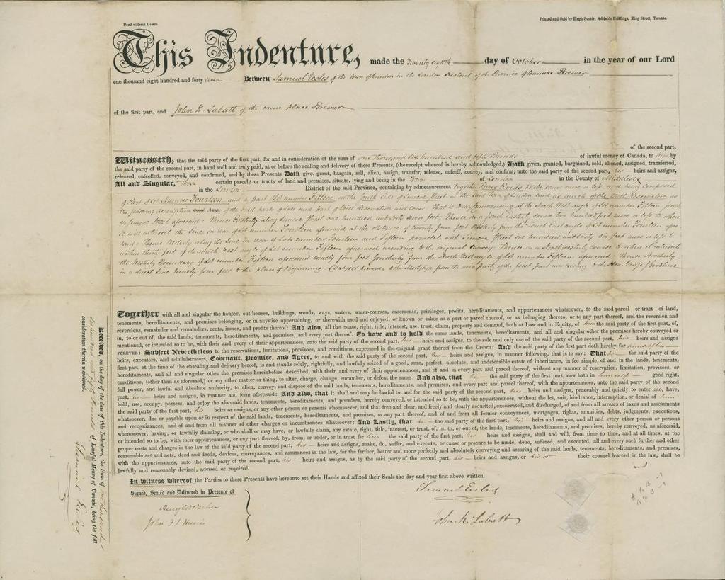 TWITTER From the Labatt Brewing Company Collection, Indenture for sale of brewery to John Kinder Labatt, 1847