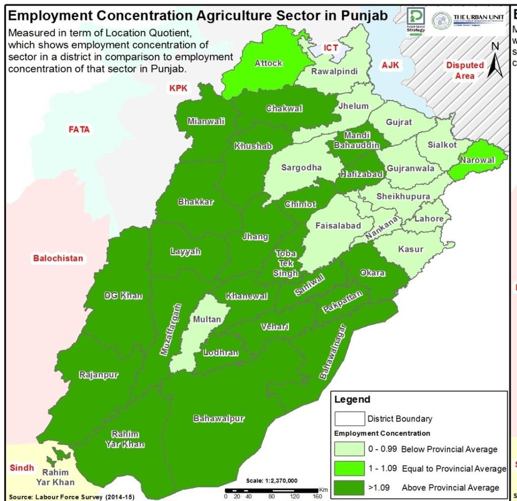Location Quotient of Agriculture Employment of Punjab is mostly concentrated in the agriculture