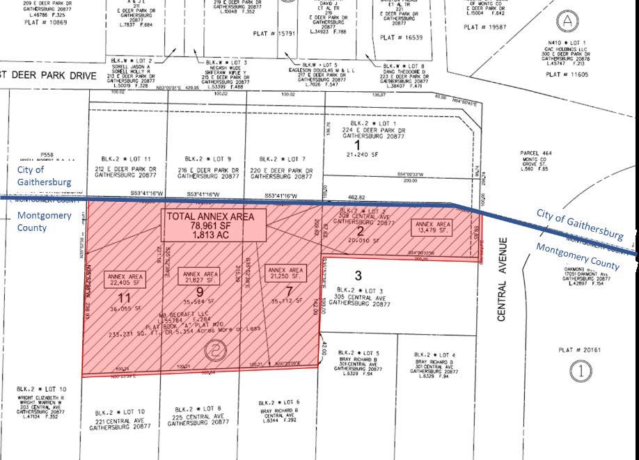 Annexation Proposal The Applicant is petitioning the City of Gaithersburg to annex lots 2, 7, 9 and 11 in Block 2 of the Oakmont Subdivision, Plat Book A Plat Number 20 (see Figure 2).
