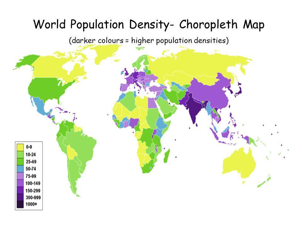Population Density The number of people living in a given area, usually in a square kilometre (km2). Population density is often shown using a choropleth map.