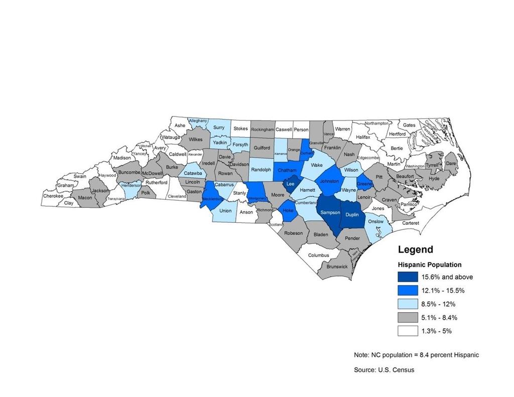 Hispanic Population Geography in North Carolina, 2010 Three Settlement Models - Military Base