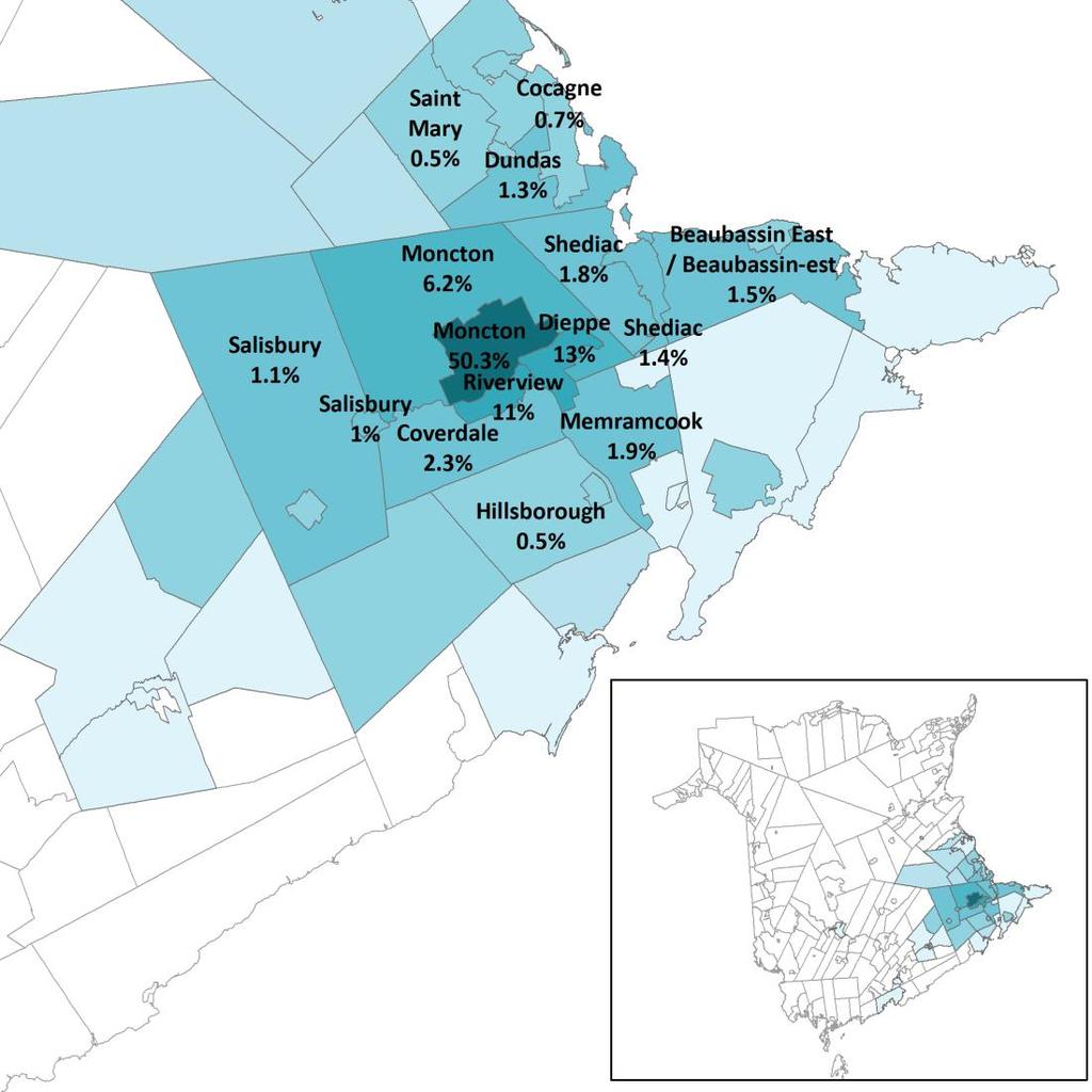 5.2 Sub-Provincial In 2016, of Canadians whose usual place of work was within the city of Moncton: 50.3% lived in Moncton 24.0% lived in the municipalities or Dieppe or Riverview. 25.
