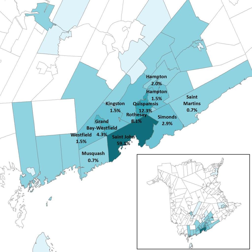 In 2016, of Canadians whose usual place of work was within the city of Saint John: 59.1% lived in Saint John 20.4% lived in the municipalities of Quispamsis or Rothesay 20.