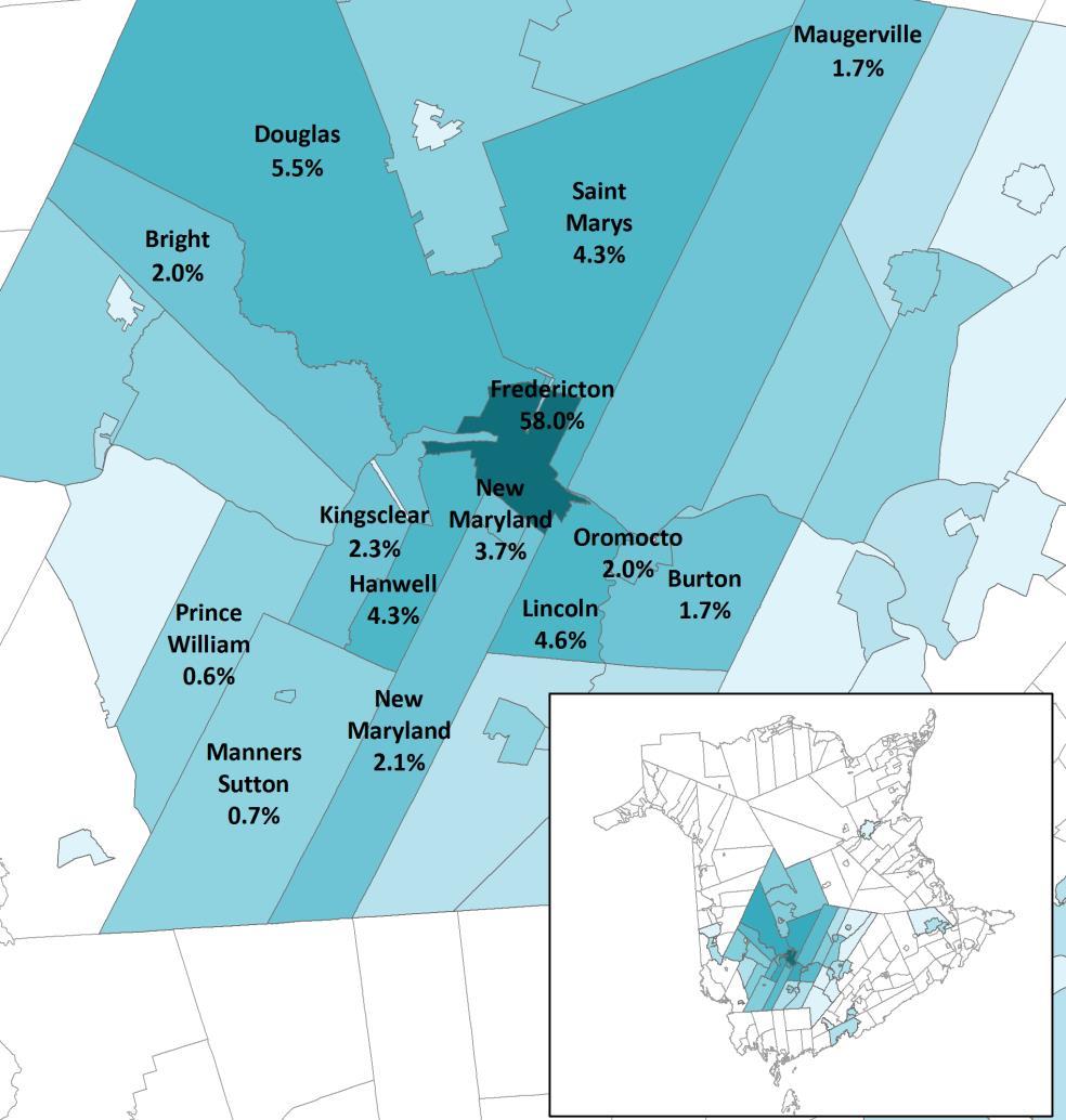 In 2016: of Canadians whose usual place of work was within the city of Fredericton: 58.0% lived in Fredericton 22.