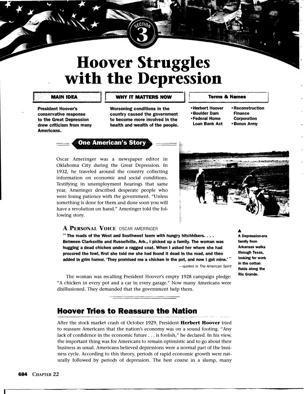 Hoover Struggles with the Depression r~~in~d~ :::11 WHY IT MAtTERS NOW If. Terms & Names President Hoover's conservative response to the Great Depression drew criticism from many Americans.