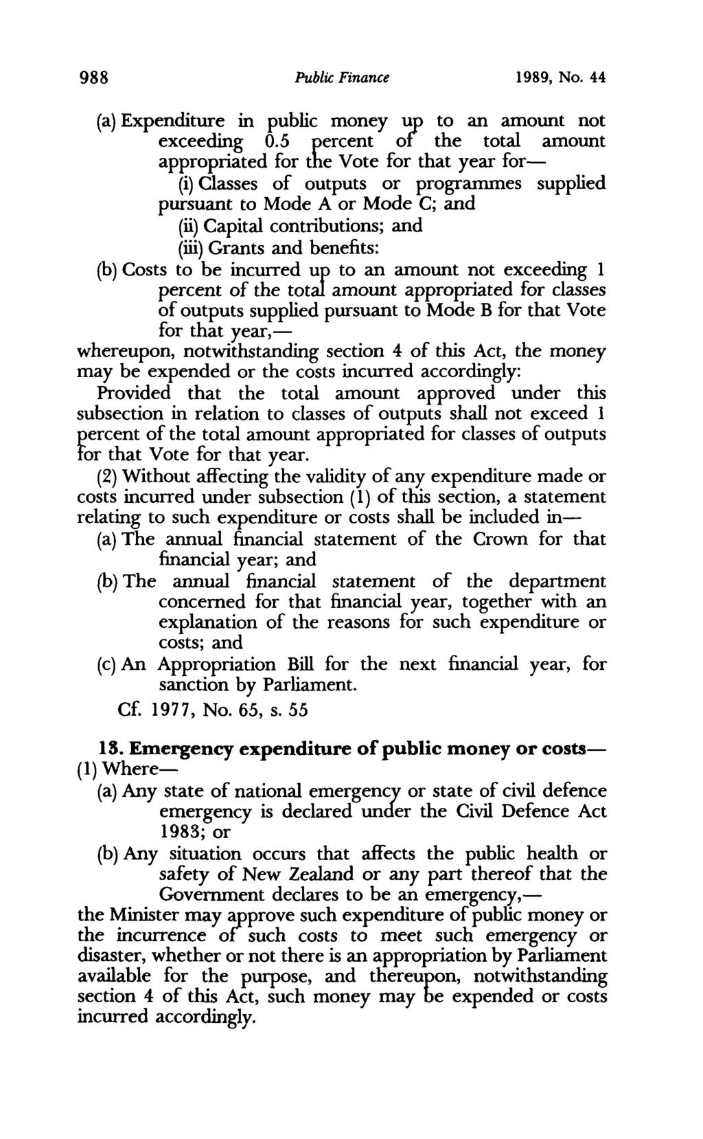 988 Public Finance 1989, No. 44 (a) Expenditure in public money up to an amount not exceeding 0.