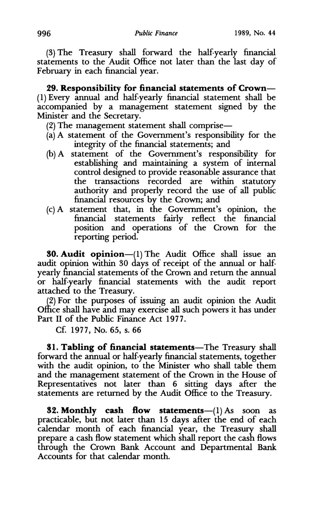996 Public Finance 1989, No. 44 (3) The Treasury shall forward the half.yearly financial statements to the Audit Office not later than the last day of February in each financial year. 29.