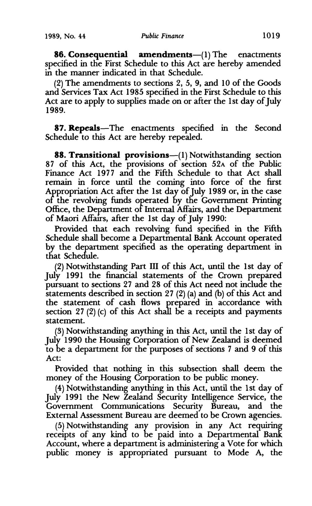1989, No. 44 Public Finance 1019 86. Consequential amendments-( 1) The enactments specified in die First Schedule to this Act are hereby amended in the marmer indicated in that Schedule.