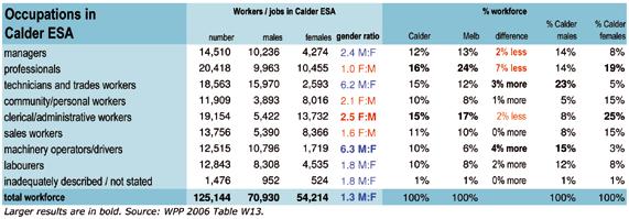 The largest occupational group in Calder ESA s workforce in 2006 was professionals with 20,418 counted in the 2006 Census, 16% of the local workforce.