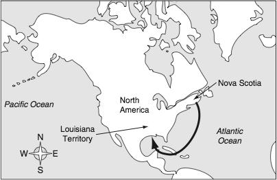 6 Use the map below to answer this question. North America This map shows the movement of a group of people from Nova Scotia, Canada, to the Louisiana Territory.