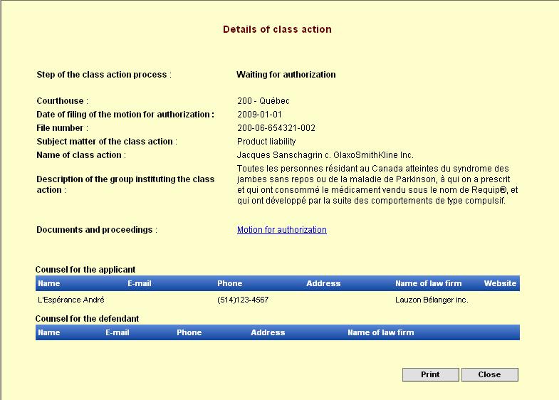 By clicking the icon in the Details and documents column, it is possible to display additional infmation on the class action, including contact infmation f counsel, the stage reached by the class