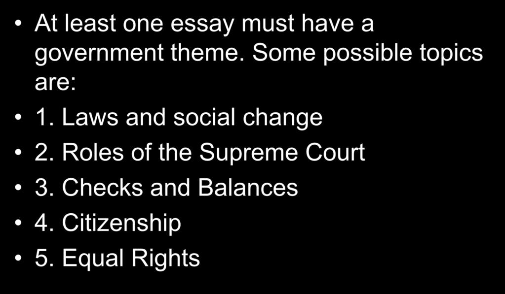 Some possible topics are: 1. Laws and social change 2.