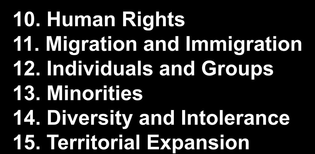Other possible themes 10. Human Rights 11. Migration and Immigration 12.