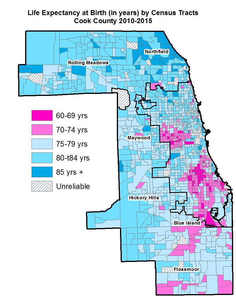 Life Expectancy at Birth by Census Tract Large geographic inequalities in life expectancy range from 60 years in Englewood to 90 years for a census tract Chicago s Near North Side.