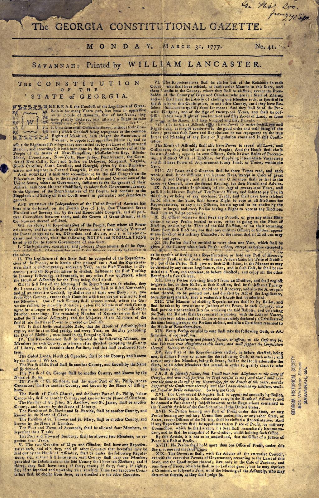 Supporting Question 1 Featured Source B Georgia Constitution, 1777 [Record],
