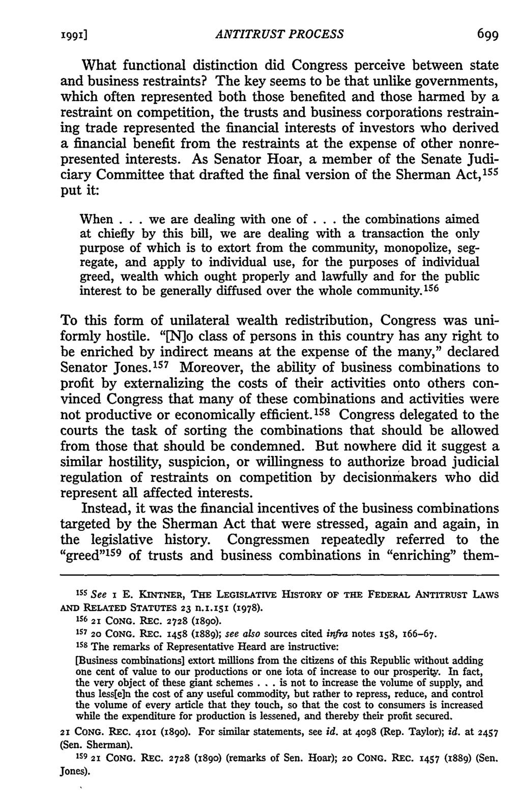 1991] ANTITRUST PROCESS 6gg What functional distinction did Congress perceive between state and business restraints?
