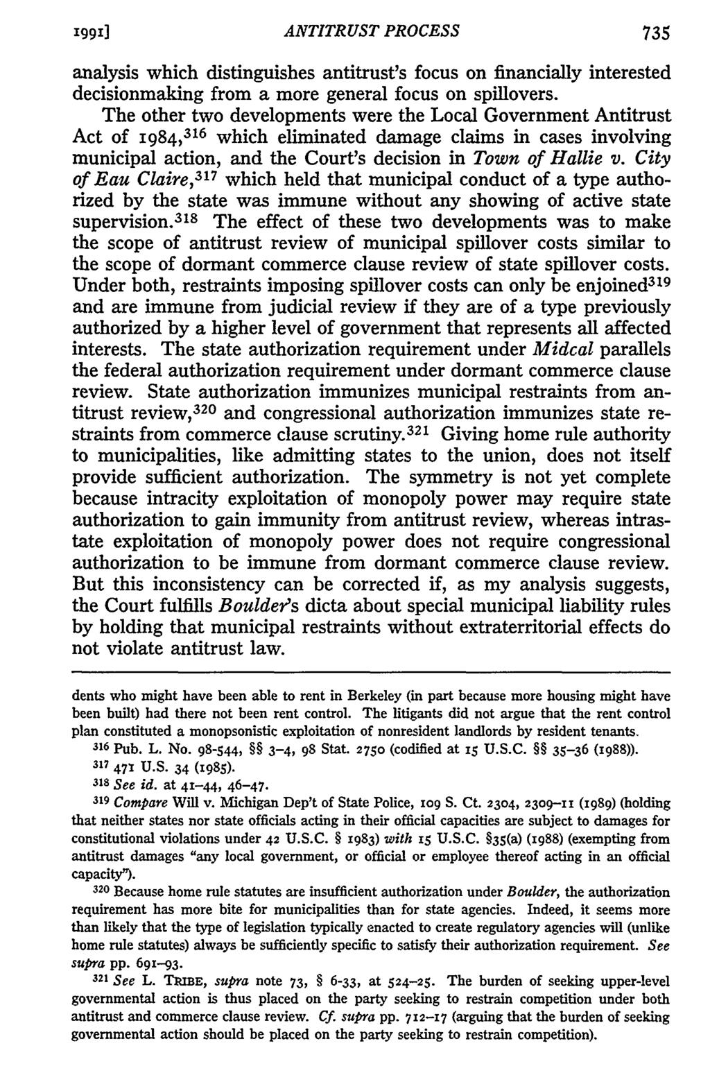 1991] ANTITRUST PROCESS 735 analysis which distinguishes antitrust's focus on financially interested decisionmaking from a more general focus on spillovers.
