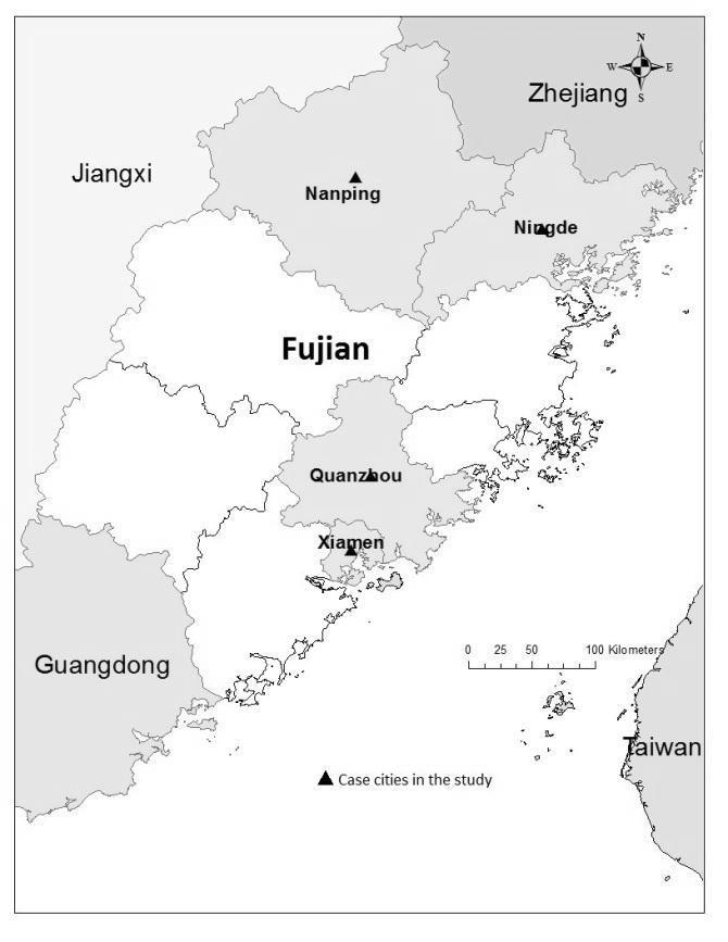 Figure 3.2. Map of the study area: Fujian province and four case cities Table 3.1.