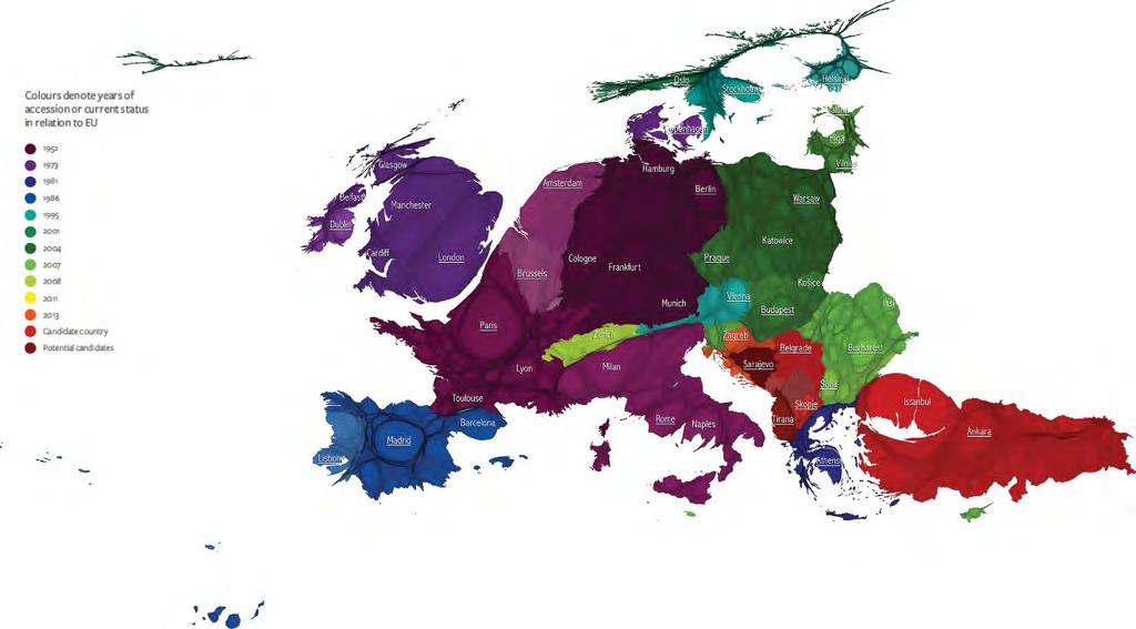 Figure 1: Map of Europe based on population showing association of states with the European Union (click to enlarge) Source: The Human Atlas of Europe The atlas includes different types of maps