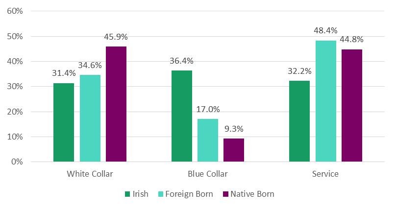 than the na ve born and all foreign born 8. Foreign-born Irish are underrepresented in service sector jobs (32 percent) even when compared to the na ve born (45 percent).