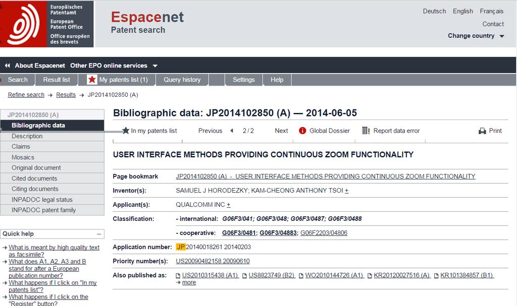 EPO Global Dossier Espacenet Global dossier link available for