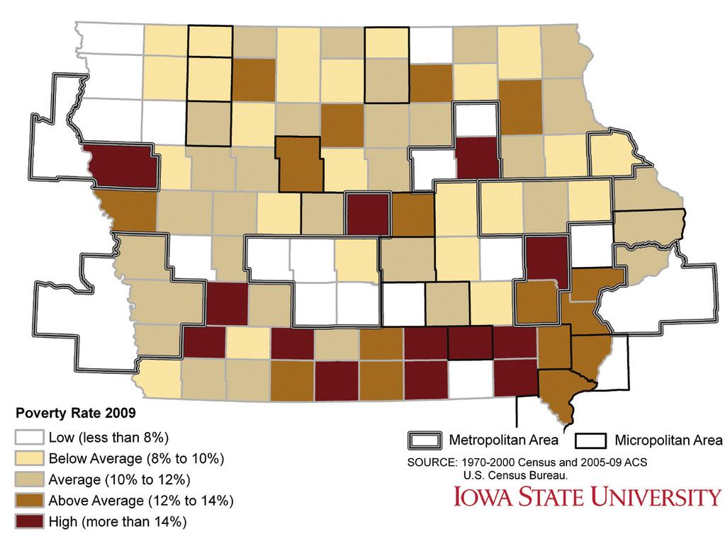 Poverty in 2009 High rates of poverty in Iowa tend to be concentrated in two main areas of the state.