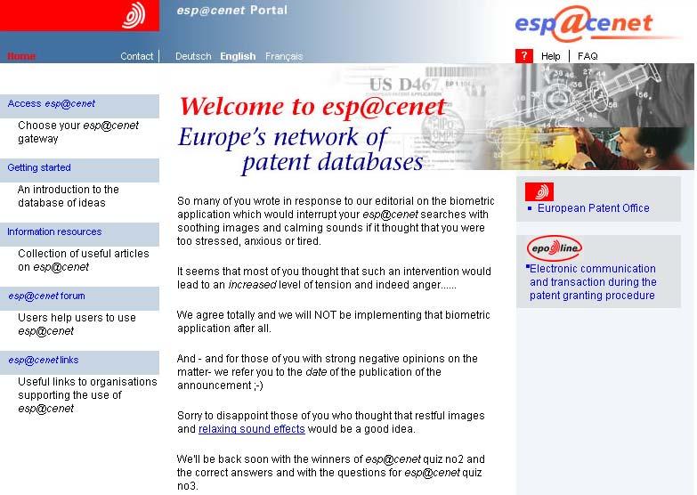 esp@cenet Free access to worldwide patent information via the internet watch new technologies emerge find