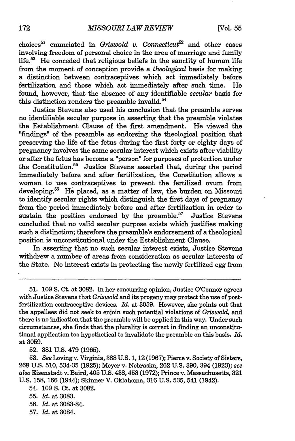 Missouri Law Review, Vol. 55, Iss. 1 [1990], Art. 5 MISSOURI LAW REVIEW [Vol. 55 choices" l enunciated in Griswold v.