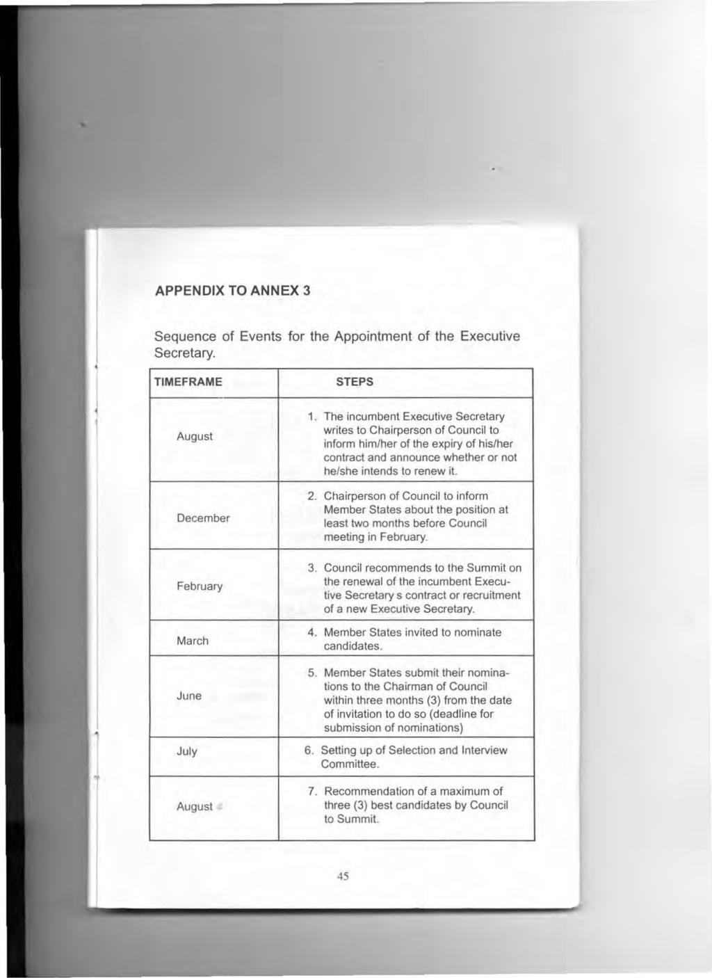 APPENDIX TO ANNEX 3 Sequence of Events for the Appointment of the Executive Secretary. TIMEFRAME STEPS I, 1 August 1.
