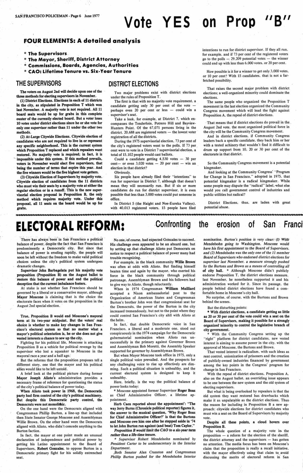 SAN FRANCSCO POLCEMAN - Page 6 June 1977 Vote YES on Prop "B" FOUR ELEMENTS: A detailed analysis The Supervisors.