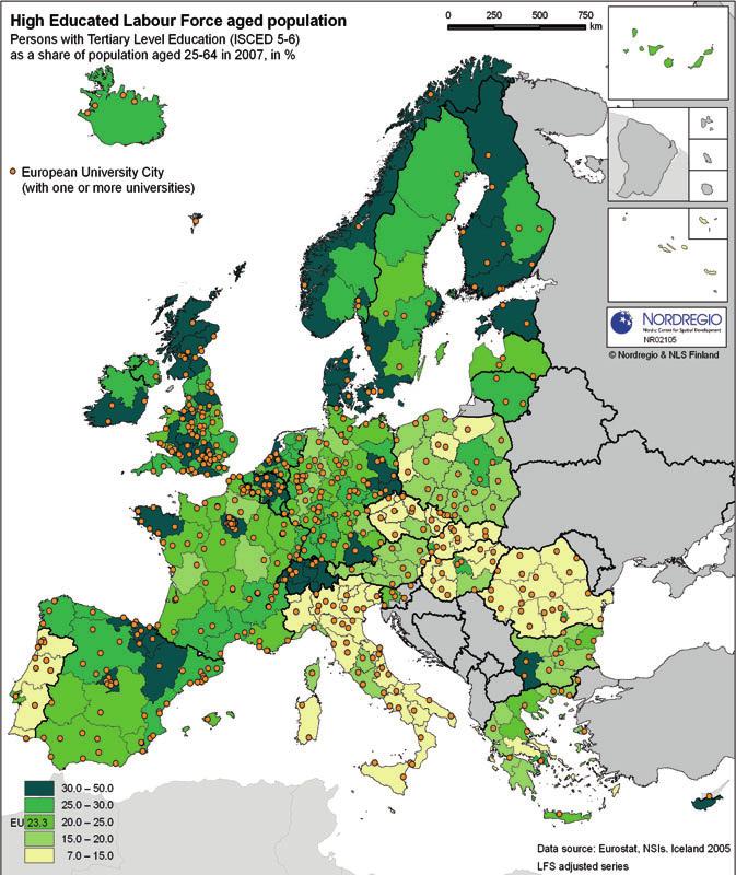 Figure 27: Labour force levels of education in the Nordic countries Paper 2009:6 On average, 23% of the European working age population has a tertiary level education, with in general all Nordic