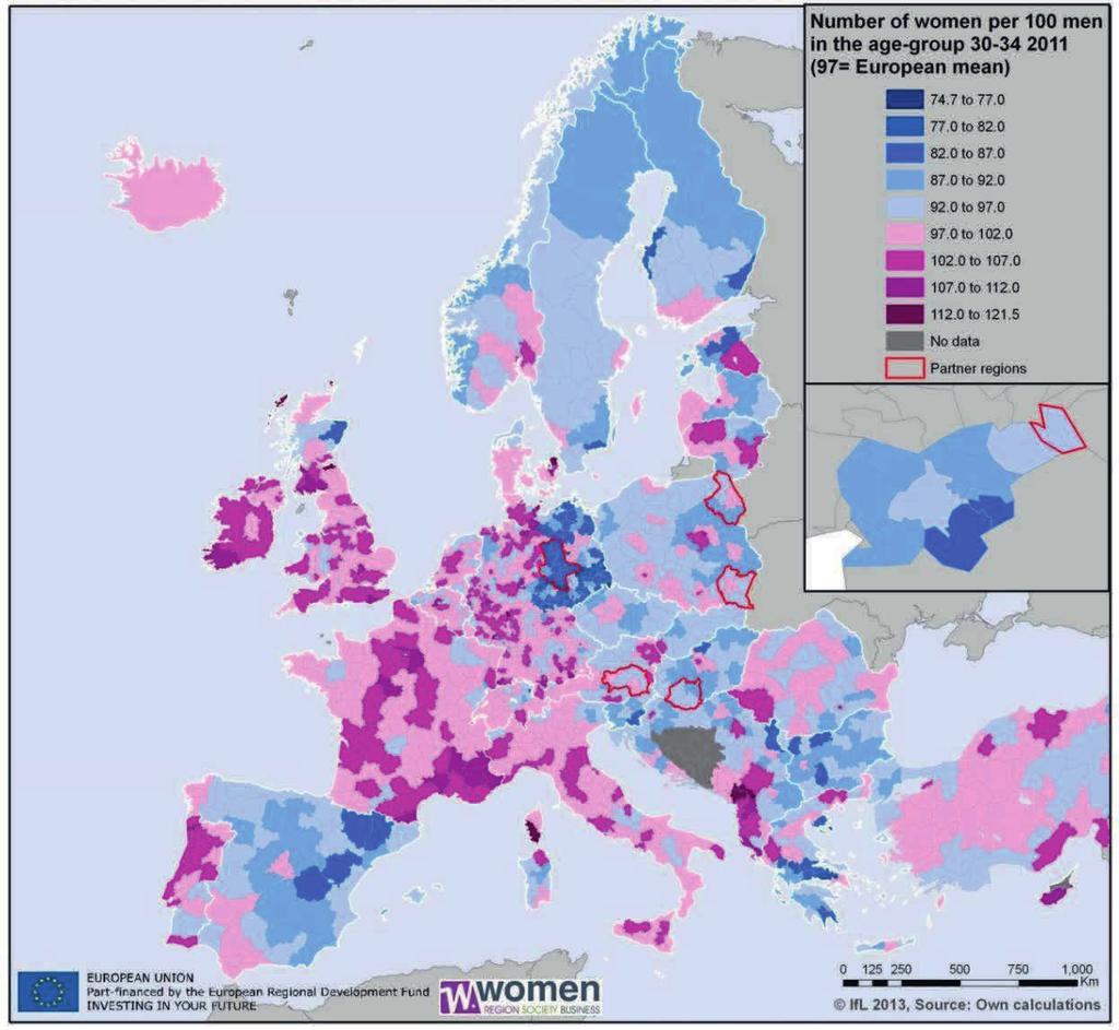 Map 8: Number of women in the age group of 30 to 34 per 100 coeval men 2008 Slovenia Own calculations; data source: EUROSTAT (2010) and national statistical offices A large body of literature exists