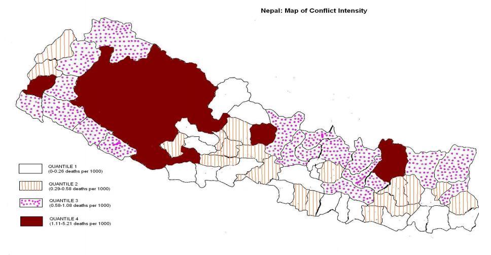 Figure 12: Map showing the conflict intensity in Nepal Source: Adopted from Do and Iyer (2007:36) Although the literatures like Gammage(2007), Jonas(2013), Bohra-Mishra(2011) pointed out migration as
