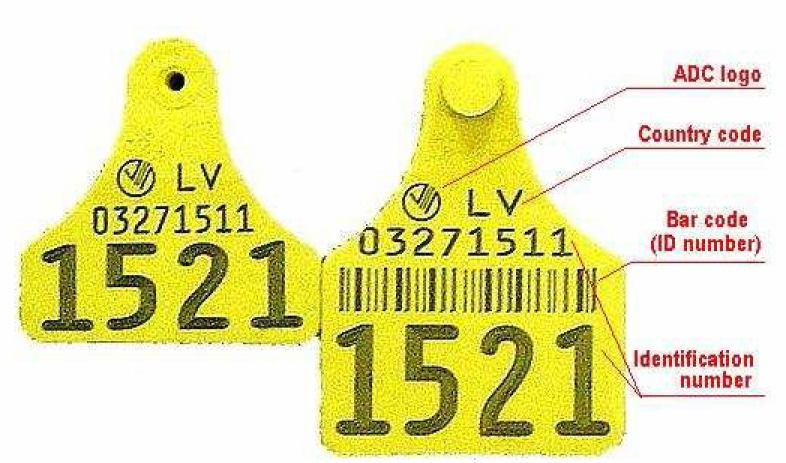 Official eartags for cattle Bovine eartags are made of plastic. The eartag bears the ISO code of Latvia LV and the unique identification number of the animal.