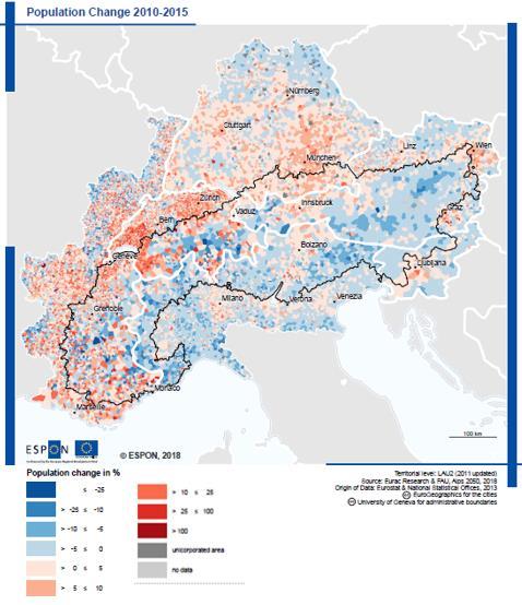 Territorial analysis demographic development The map shows an important influence of urbanisation: Metropolises and the larger cities are almost always the centre of growth trends.