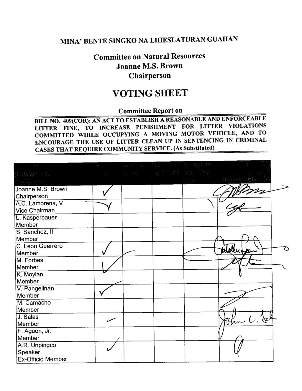 MINA' BENTE SINGKO NA LIHESLATURAN GUAHAN Committee on Natural Resources Joanne M.S. Brown Chairperson VOTING SHEET Committee Report on BILL NO.