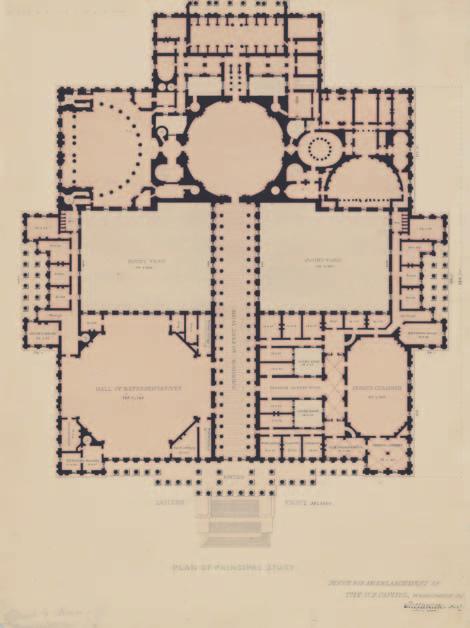 PLATE 147 MODIFICATION WALTERS COMPETITIVE PLAN. Plan of the principal floor for a proposed extension of the Capitol by Thomas Ustick Walter, 1851.