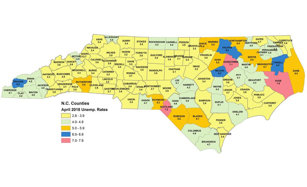 10 NC Capitol Connection, June, 2018 The above map shows the April 2018, (not seasonally adjusted) unemployment rates for North Carolina counties. (data from N.C. Department of Commerce) According to the North Carolina Department of Commerce, the April statewide unemployment rate was 3.