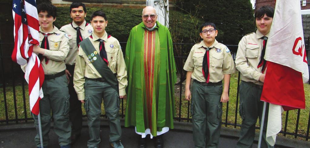 PAGE 8 LIVING THE TWELFTH POINT OF THE SCOUT LAW Troop 390 members with Reverend Bob Lloyd stand in front of the statue of the Blessed Mother Mary (Scout Sunday 2019) Troop 390 members with their