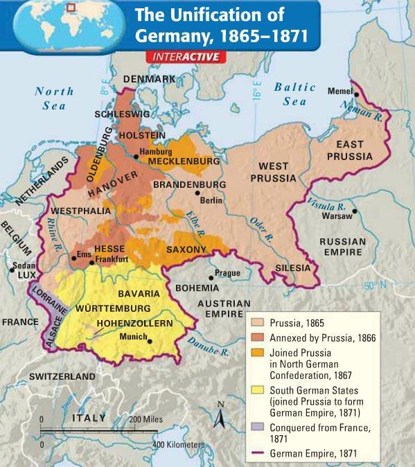 Prussia (strongest German state) under Prime Minister Bismark, takes lead in unifying German states Begins with the north - (Protestant,