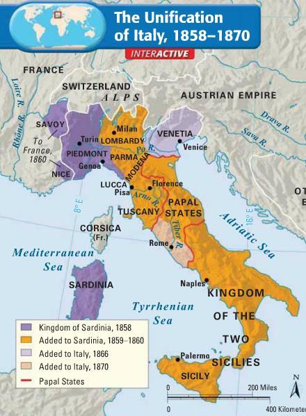 Sardinia under King Emmanuel II is strongest Italian State and wants Italy unified Prime Minister Cavour Austria had stopped Italian unification so Cavour allies with France and defeats Austria in a