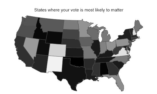 Figure 1. States with lighter colors are those where a single vote was more likely to be decisive.