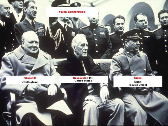 Yalta Conference Discuss plans for the post war world in February 1945 agree to establish peacekeeping forces discuss governments of east Europe Soviets will declare war on Japan when Nazis are