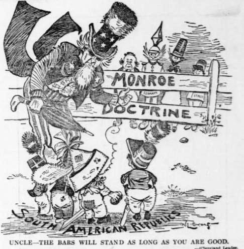 9 Example: 1. Students will examine the political cartoon above. What perspective do you think the artist is depicting? How does the artist view the Monroe Doctrine? 2.