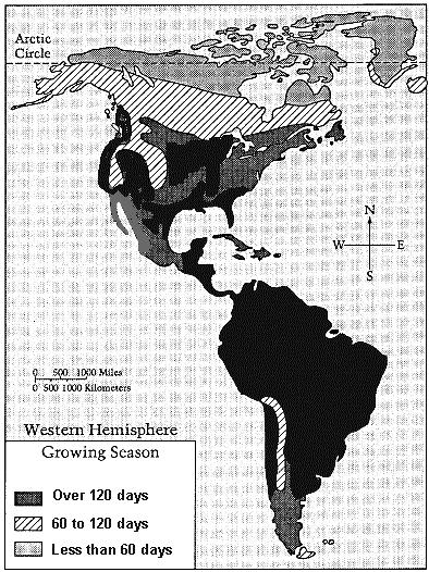 Geography 1a 1. The information of the map shows that: A. Brazil has a shorter growing season than Argentina has. B. New York has a longer growing season than Chicago has.