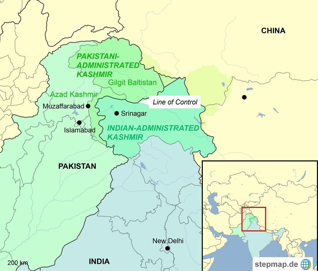 Map of Pakistani-administrated parts of Kashmir (Azad Kashmir and Gilgit-Baltistan) and Indian-administrated Jammu and Kashmir.
