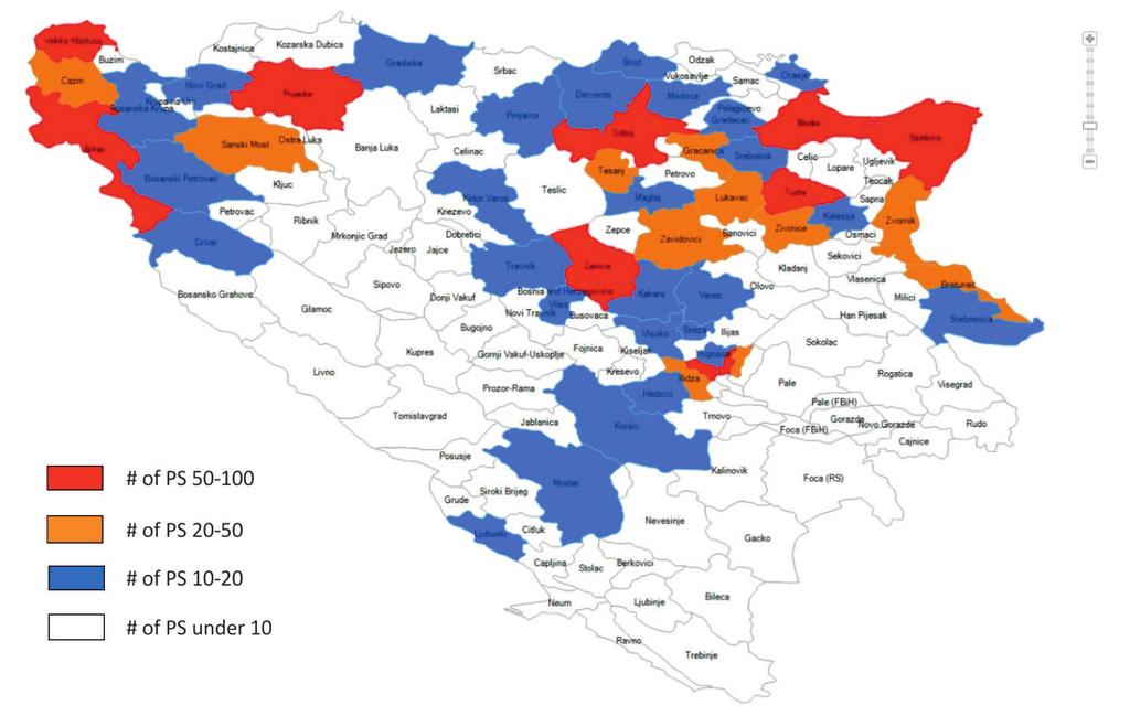 The map below also shows those municipalities, together with the number of polling stations, with in