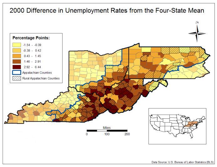 98 percent, and counties with higher unemployment rates had spread into non-appalachia. Note the dramatic change in West Virginia s unemployment rates relative to the four-state mean.